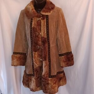 70s Trail Tracer Faux Fur Coat Brown wBlack Trim Bohemian Coat, union made